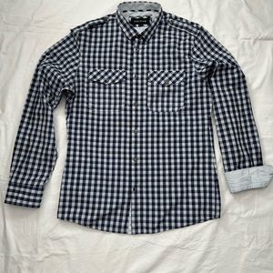 River Island Dress Shirt Mens M Blue White Plaid Long Sleeve Button Up